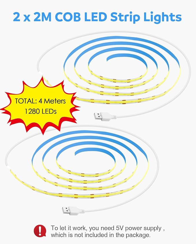 Aclorol 5V COB LED Strip Light 6.56FT 640LEDs Warm White LED TV Backlight with 1M USB Cable Flexible Under Cabinet Tape Light for Living Room Wardrobe Desk area Shelves Mirror Home Decoration (2 PACK)