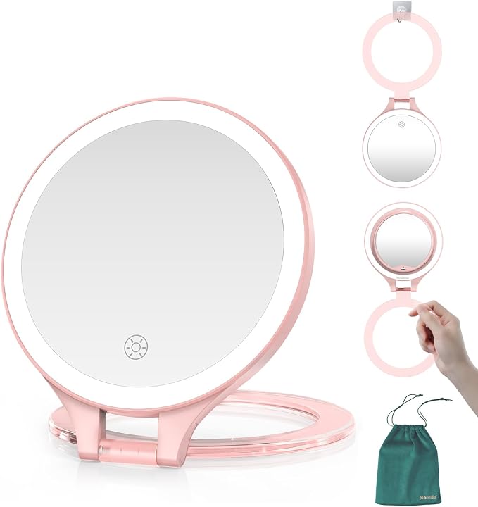 Mocado 1X/20X Magnifying Mirror with Light, Travel Makeup Mirror with Light | Double Sides Travel Mirror with 3 Color Light, Dimmable Touch, 1500mAh Rechargeable, Brightness Adjustable(Pink)