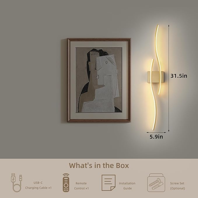 Battery Operated Wall Sconce Set of 2, Dimmable Modern LED Wireless Wall Light with Remote Control, Sconce Wall Decor for Living Room, Hallway, Quick Install, No Electrician Required