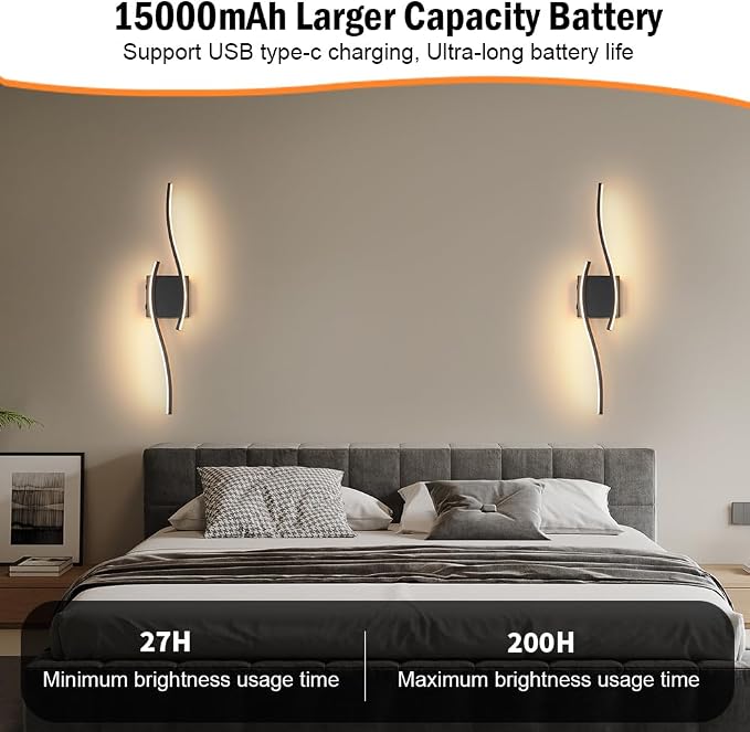 Daunton Modern Battery Operated Wall Sconce Set of 2, Black Dimmable LED Wall Light with Remote Control, 3CCT Adjustable, Timer& Memory Function, Wireless Wall Light for TV Wall Living Room Bedroom