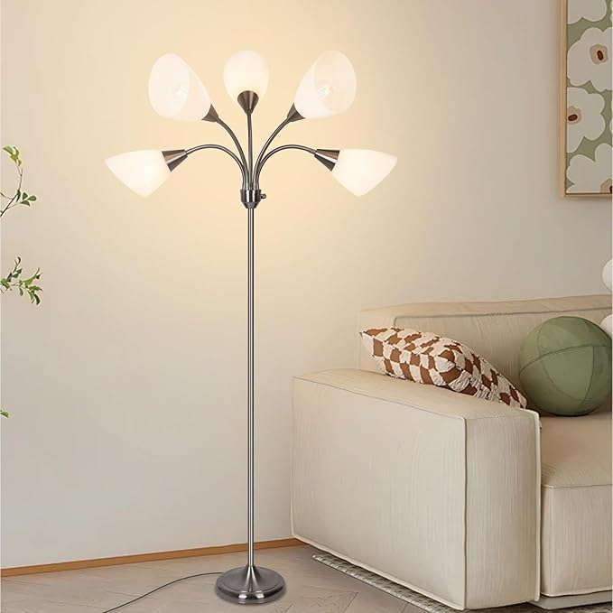HonoDing Medusa Floor Lamps Standing Lamps 5 Heads Adjustable Reading Light Large Shade Use E26 A19 Bulb for Living Room Bedroom Satin Nickel