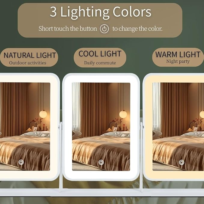 9"x11" Rechargeable Desktop Makeup Mirror with LED Lights, Adjustable Brightness Lighted Vanity Mirror, Tabletop Mirror for Bedroom, Gifts for Women with 3-Color Smart Touch Dimmable Lighting