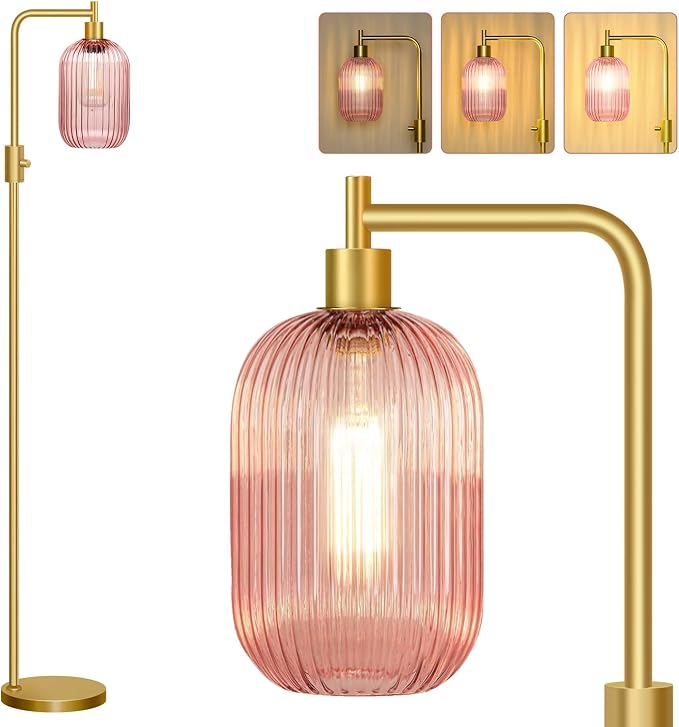 【Upgraded】 Dimmable Floor Lamp for Living Room with Pink Ribbed Glass Lampshade, Gold Modern Floor Lamp with 900LM LED Bulb Included, Arc Standing Tall Lamp for Bedroom, Office, Reading Room, Corner