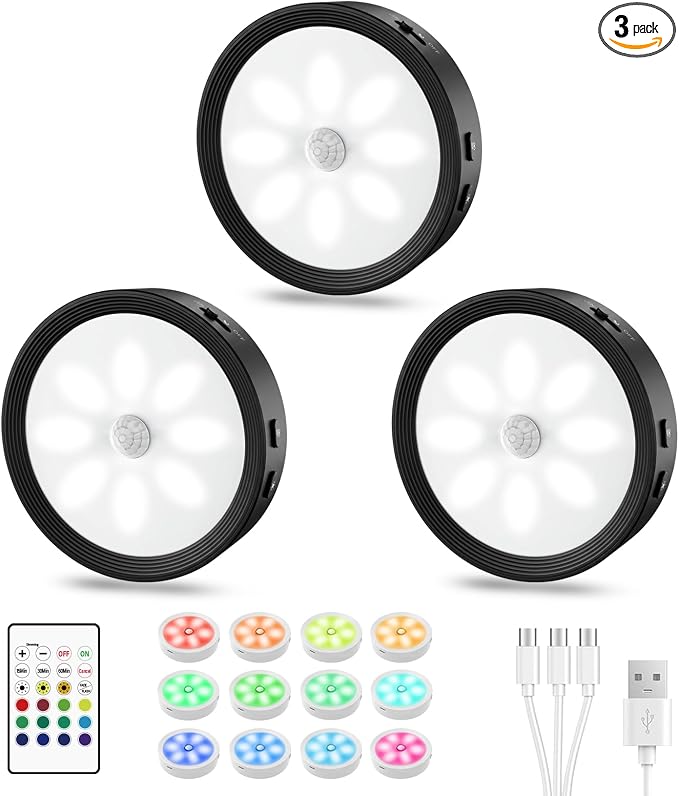 3-PACK Under Cabinet Lighting Rechargeable Puck Lights with Remote Black | 3 color temps & 12 RGB, dimmable, 15/30/60 mins timer, memory, magnetic/stick on, 3.3'' led lights for kitchen, closet, stair