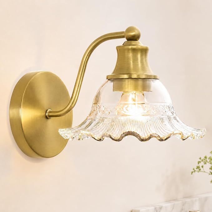 Bright Brushed Gold Bathroom Wall Sconce Vintage Style, E26 Easy Mounted | Vanity Light with Flower Glass Shade, Bathroom Wall Lighting Fixture Beside Mirror, Easy Mounted for Bedroom, Hallway