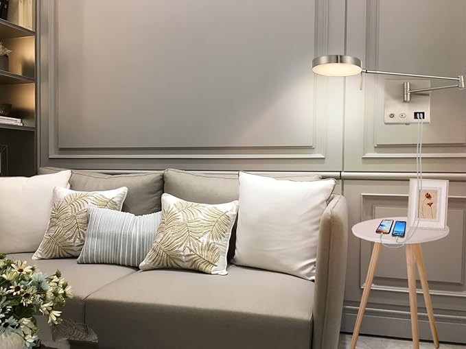 HomeFocus Swing Arm Wall Light,Bedside LED Reading Wall Light with USB Charging,Multi-Function Wall Lamp,Bedside Dimmable Wall Sconces,Adjustable LED Color and Brightness,Metal,Satin Nickel.