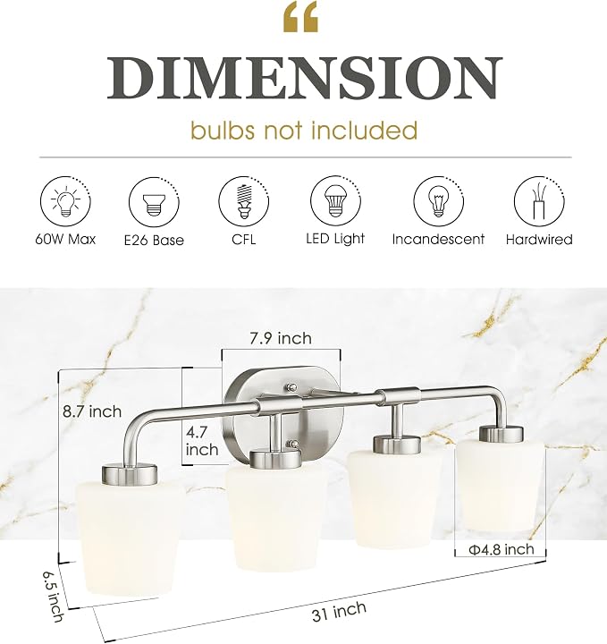 4-Light Brushed Nickel Bathroom Light Fixtures Over Mirror | Vanity Lighting Fixtures with Milk White Glass, Vintage Farmhouse Wall Sconces Lighting, AD-22004-4W-SN