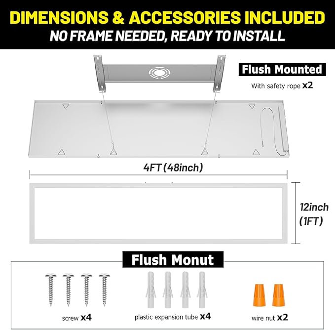 1x4 Led Flat Panel Light Surface Mount 2-Pack, 40W/4980LM, 5CCT 3000K/3800K/4500K/5200K/6000K Selectable, Flush Mount Ceiling Light for Kitchen, Garage, Hallway, Office, ETL