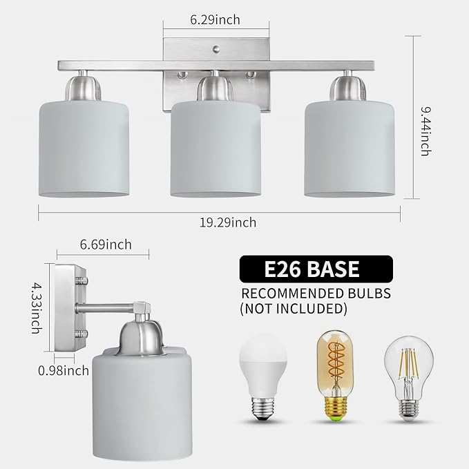 Brushed Nickel Bathroom Light Fixture, Anti-Rust Finish 3 Light Vanity Lights for Bathroom, Bath Lights with Milky White Frosted Glass Shades, E26 Socket