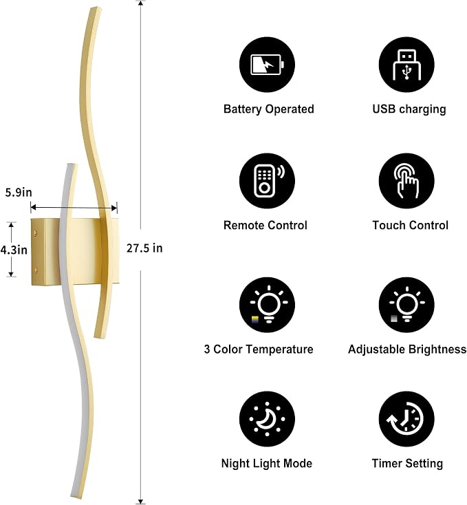 KARTOOSH Wireless Wall Sconces Set of 2, Dimmable LED Sconce with Remote | Battery Operated Wall Sconce with 3 CCT Night-Light Timer Memory Modern Wall Sconces for Living Room, Hallway, Bedroom