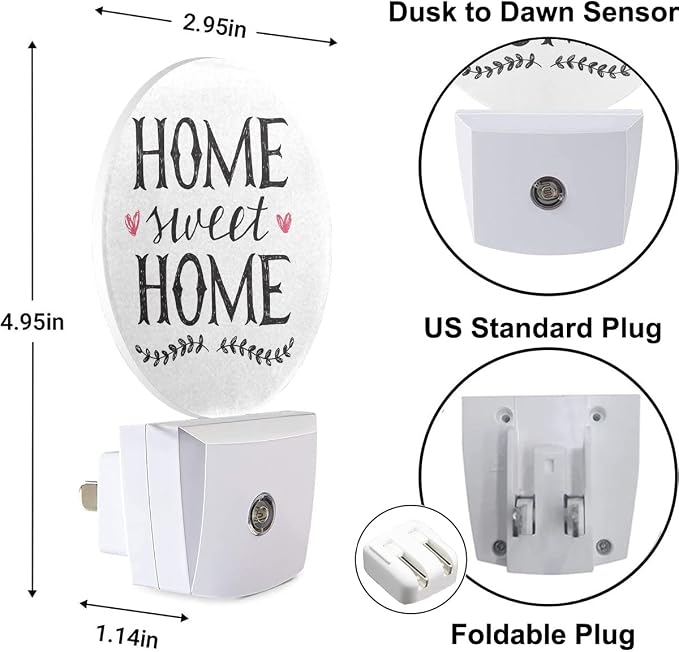 Night Lights Plug into Wall Sweet Home Hand Lettering Word Night Light Dusk to Dawn Sensor LED Lighting for Bedroom Bathroom Living Room, 0.5W Sleep Friendly
