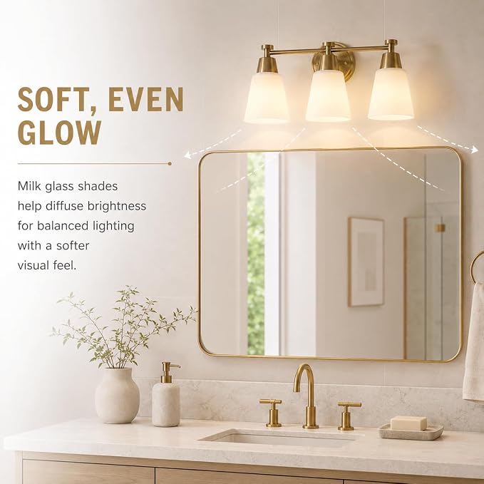 3-Light Bathroom Vanity Light, Gold Finish with Milk Glass Shades, Over Mirror, for Bathroom Vanity