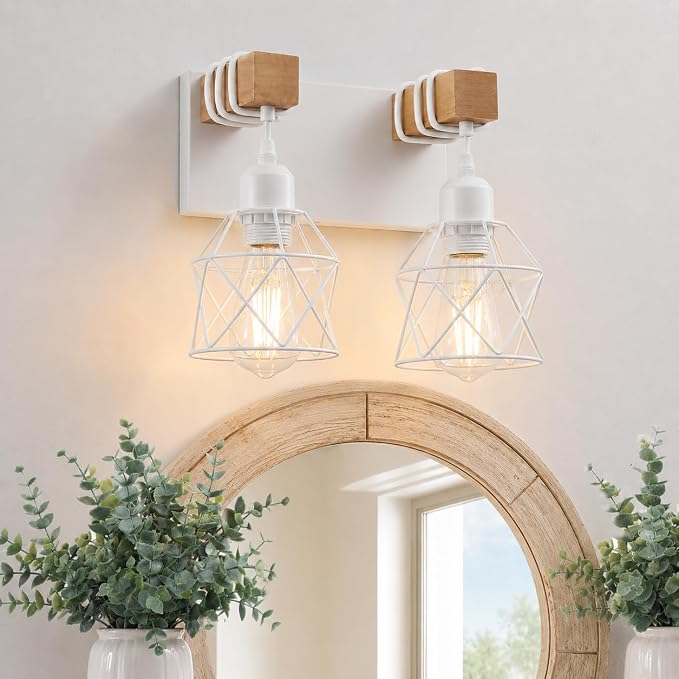 Farmhouse Vanity Light Fixture,2-Light Bathroom Lighting,White Modern Wood Wall Light Over Mirror with Metal Shade