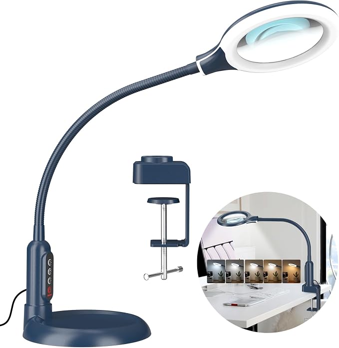 10X Magnifying Glass with Light and Clamp, 5 Color Modes Stepless Dimmable Lighted Magnifier with Stand, Flexible Gooseneck LED Desk Lamp Hands Free for Craft Painting Hobby Close Work - Blue