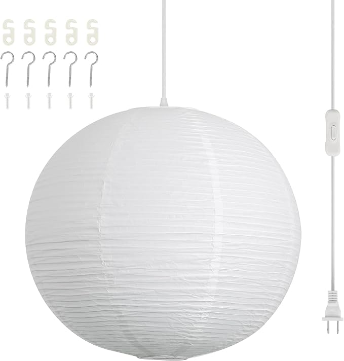 23.6in Paper Lanterns Plug in Hanging Lamp White, 19.7FT Cord | Rice Paper Lamp Lantern Pendant Light Large Globe Japanese Japandi Wabi Sabi Chandelier for Dining Living Room Bedroom 1 Pack