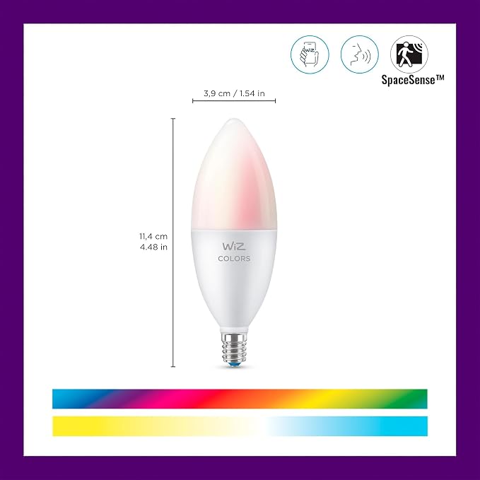 WiZ 40W B12 Candle Bulb Light, 6-Pack Smart Bulbs, Indoor E12 LED Color Changing Lights, Connects to Wi-Fi, Control with Voice, App, Activate by Motion, Matter Compatible