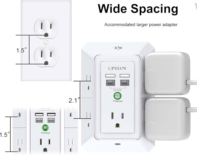 3-Sided Outlet Extender with Night Light - QINLIANF Multi Plug Outlet with 5 Outlets and 4 USB Ports(2 USB-C), USB Wall Charger for Home, Office, Travel, ETL Listed, White