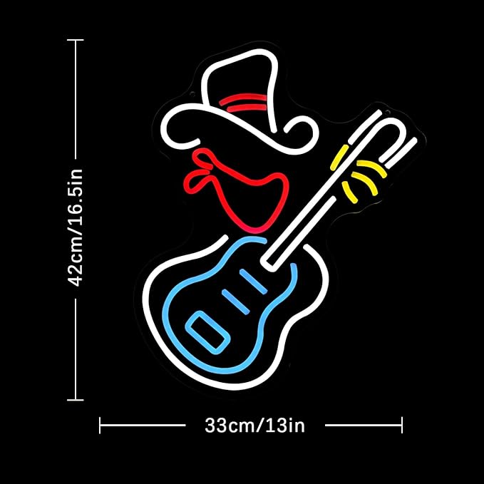 Cowboy Hat Neon Sign for Wall Decor Guitar Neon Light Beer Bar Sign Music Neon Signs LED Sign Neon Lights for Wall Art LED Neon for Home Bar Pub Shop Party Bar Led Sign(16.5"*12.9")