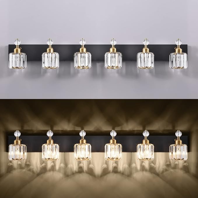 PRESDE Crystal 6 Light Bathroom Vanity Lights Black and Gold Bathroom Lights Fixtures Over Mirror Modern Bedroom Hallway