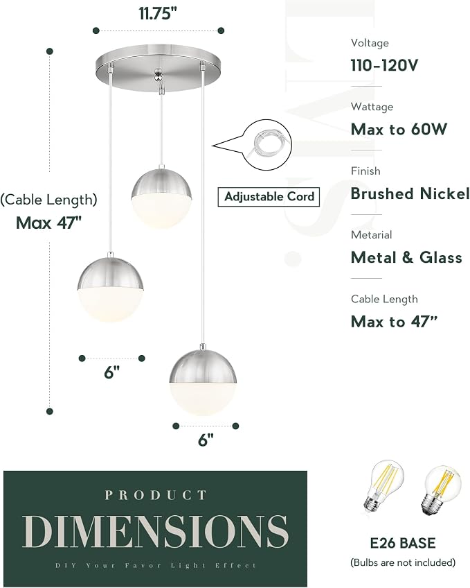 Modern Brushed Nickel 3-Light Cluster Pendant Lights, Mid Century Pendant Lighting with White Globe Glass Shade, Adjustable Hanging Cord Ceiling Light for Home Office Dining Room, LMS-186BN3