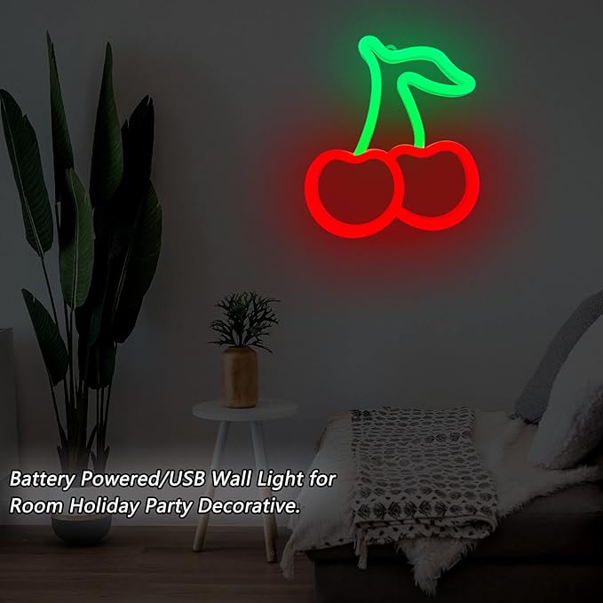 Cherry Neon Sign Red Green Cherries Neon Lights 7.5 * 8.9IN Cherry Neon Signs for Wall Decor, Cute Fruits LED Signs for Kids Room Restaurant Bar Fruit Shop Home