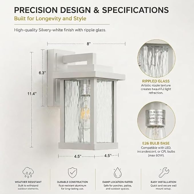 White Outdoor Wall Light Fixtures with Water Ripple Glass, 2-Pack