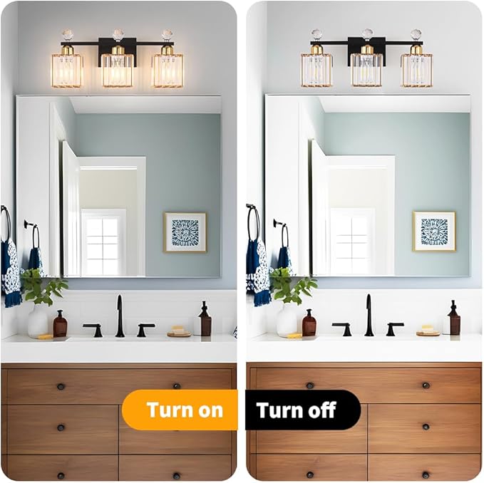 Bathroom Vanity Lights Over Mirror - Easy Installation with Clear Guide, 3-Light Shadow-Free Design, Black and Gold Crystal Finish - for Modern Home Bathroom Lighting Fixtures in DIY Projects