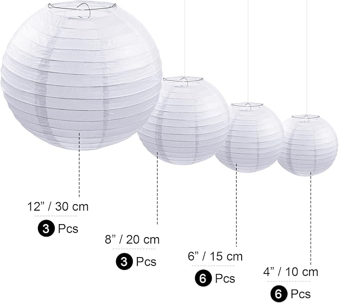 Pelopy 18 Pcs Paper Lanterns 4/6/8/12 Inches Round Chinese Japanese Paper Lanterns for Indoor New Year Valentine's Day Wedding Birthday Party Decorations(White,4/6/ 8/12 Inch)