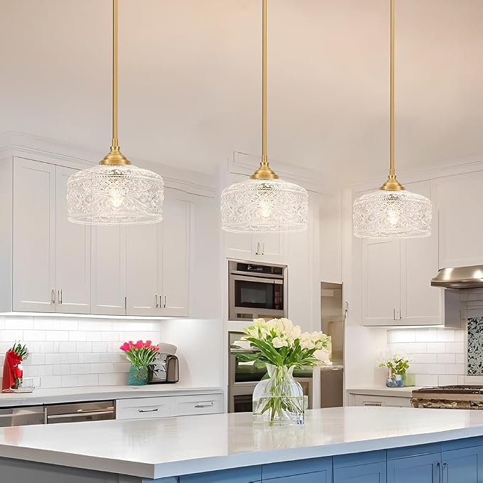 Gold Pendant Lights Kitchen Island, Vintage Bathroom Pendant Light With Clear Glass Shade, Adjustable Height Pendant Light - Dual Mount Ceiling & Hanging Fixtures With 90° Swivel For Home, E26 Bulb