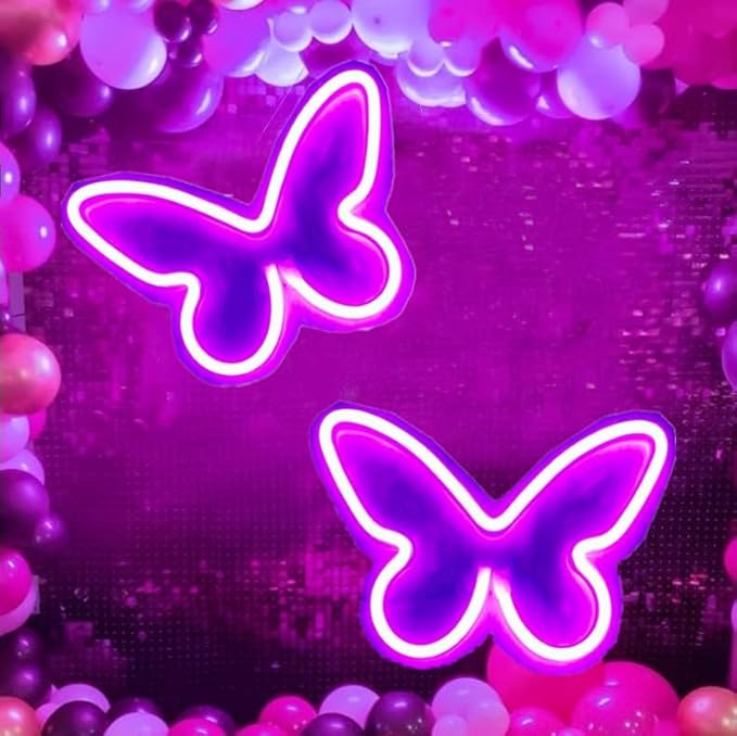 Neon Butterfly Signs 2 Pieces Purple, LED Lights for Wall Office Dorm Wedding Birthday Party Room Decor, Teen Girls Decorations, USB or 3-AA Battery Powered