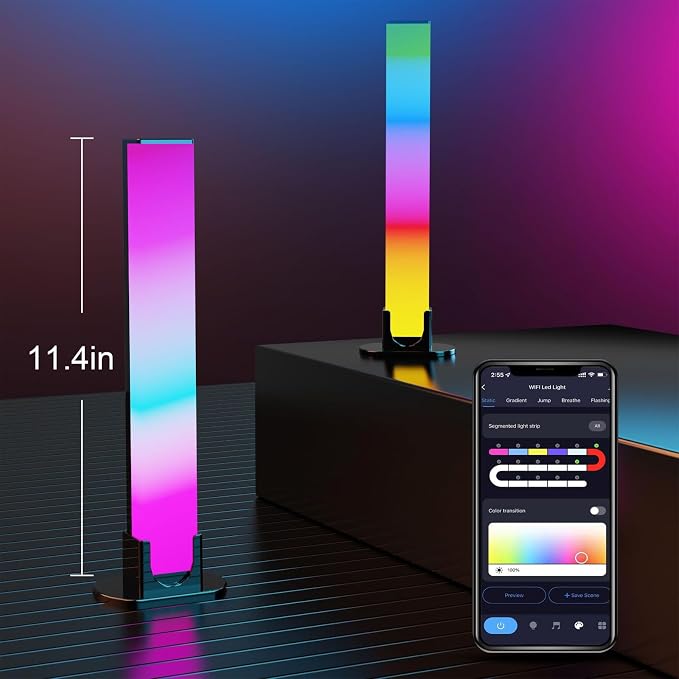 2PCS RGB LED Light Bars, Smart WiFi TV Backlight with Music Sync | Scene Modes, Compatible with Alexa & Google Assistant, Color Changing Lights for Bedroom Gaming Room