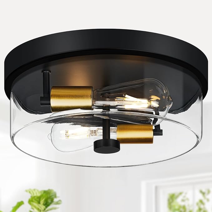 szzgco Flush Mount Ceiling Light Fixtures, 2-Light Black and Gold Ceiling Mount for Farmhouse with Clear Glass Lampshade, Industrial Flush Mount Light Fixture for Hallway, Kitchen, Entryway and Foyer