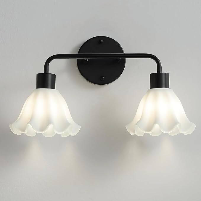 2 Light Black Bathroom Light Fixture,Modern Black Vanity Lighting Over Mirror,Cute White Glass Flower Lampshade,Wall Sconces,E26 Socket(Bulbs Not Included)