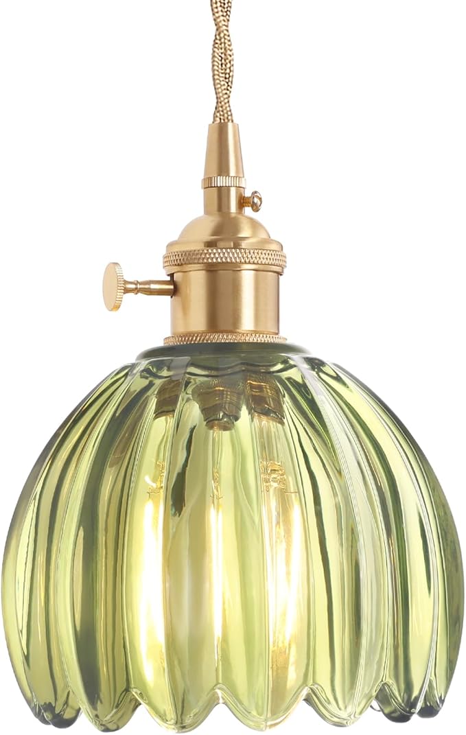 Pendant Light with Green Tulip Glass Lmapshade, Brass Vintage Pendant Light Adjustable Hanging Light for Kitchen Island Dining Room Hallway