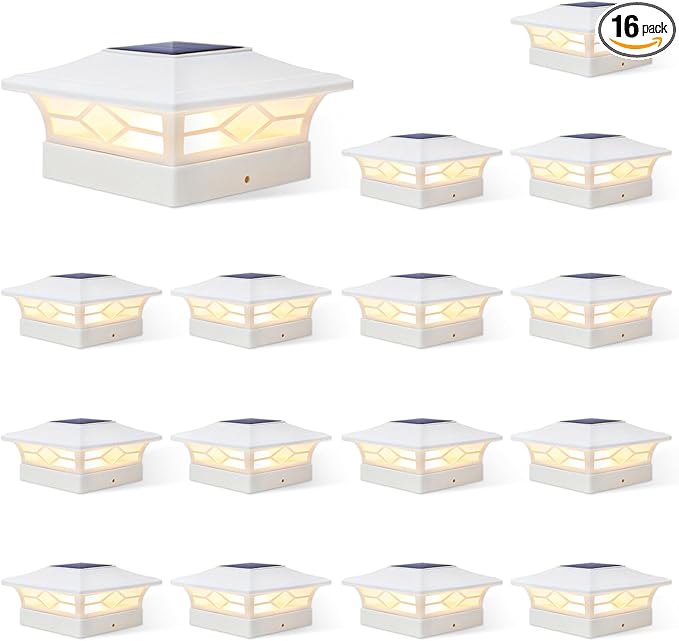 Solar Fence Post Lights, Cap Lights for 4x4/5x5 Vinyl Fence and 4x4/6x6 Wooden Post, Warm White/Cool White Lighting, White Solar Cap Outdoor Waterproof Decorate Garden Pathway Deck Patio