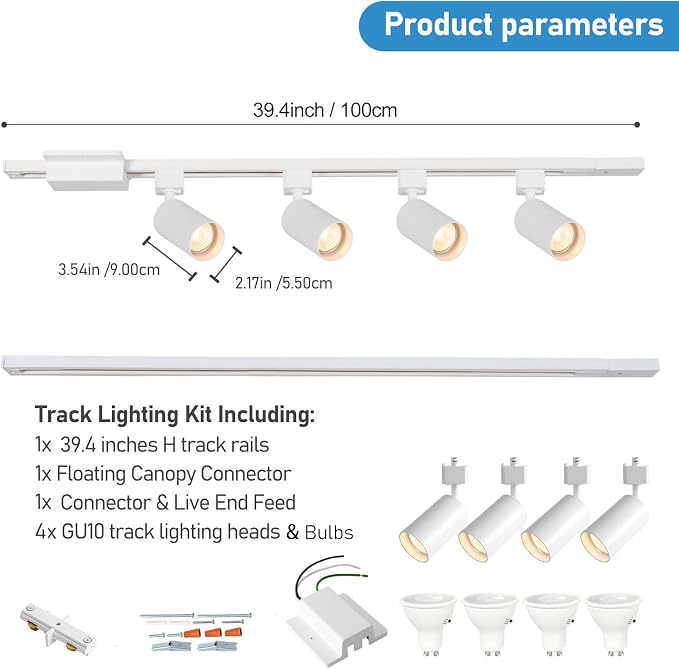 3-Color 4-Light LED Track Lighting Kit with 3.3FT H Track Lighting Rails & Canopy Connector, GU10 Dimmable Track Light Kit, Modern Kitchen Track Lighting Fixtures Ceiling Spot Light, White
