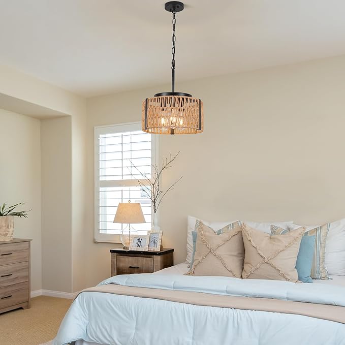 Boho Rattan Chandelier, 3-Light 13.7”Farmhouse Chandeliers Light Fixture with Rustic Wicker Rattan Pendant Light for Living Room,Kitchen Island Bedroom(E26 Bulbs Not Included)