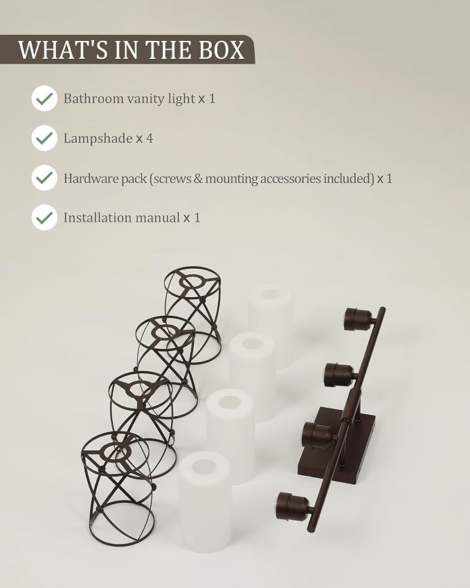4-Light Oil Rubbed Bronze Bathroom Light Fixtures Over Mirror, 29" UL-Listed Modern Farmhouse Wall Sconce Lights with Milk White Frosted Glass and Metal Cage for Bath, E26, CH9176ORBW-4W