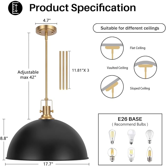 LamQee 18 Inch Black and Gold Large Pendant Light Kitchen Island, Farmhouse Modern Dome Pendant Light Fixtures Ceiling Hanging Lighting Chandelier for Dining Room Over Table, Bar, Hallway, Entryway