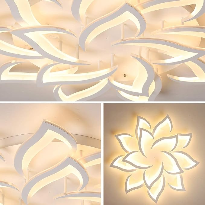 Garwarm 36" Modern LED Low-Profile Flush Mount Ceiling Light, Dimmable | White Acrylic 14-Petal Flower Ceiling Light with Remote, 3000K-6500K, Memory for Large Living Room, Bedroom and Dining Room