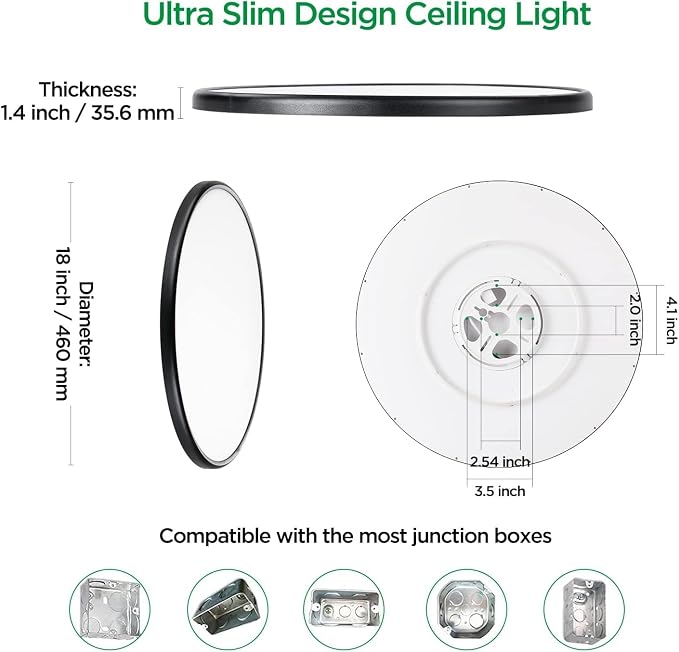 TALOYA 2 Pack 18" Dimmable Flush Mount Ceiling Light Fixture,5CCT,Black | Ultra-Slim Round Edge-Lit LED Ceiling Lamp with 3000K-6500K Color Temperatures,Ideal for Living Rooms,Bedrooms,Kitchens