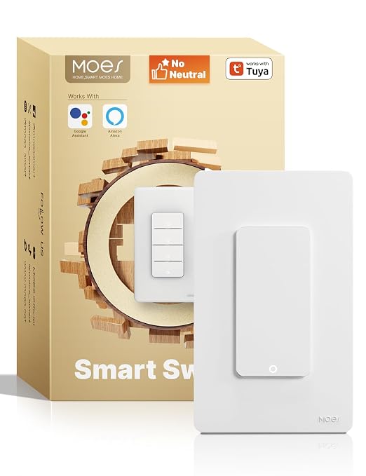 MOES WiFi Smart Light Switches, No Neutral Needed, Require Capacitors | 2.4GHz Single Pole Switch, Compatible with Alexa Google Assistant