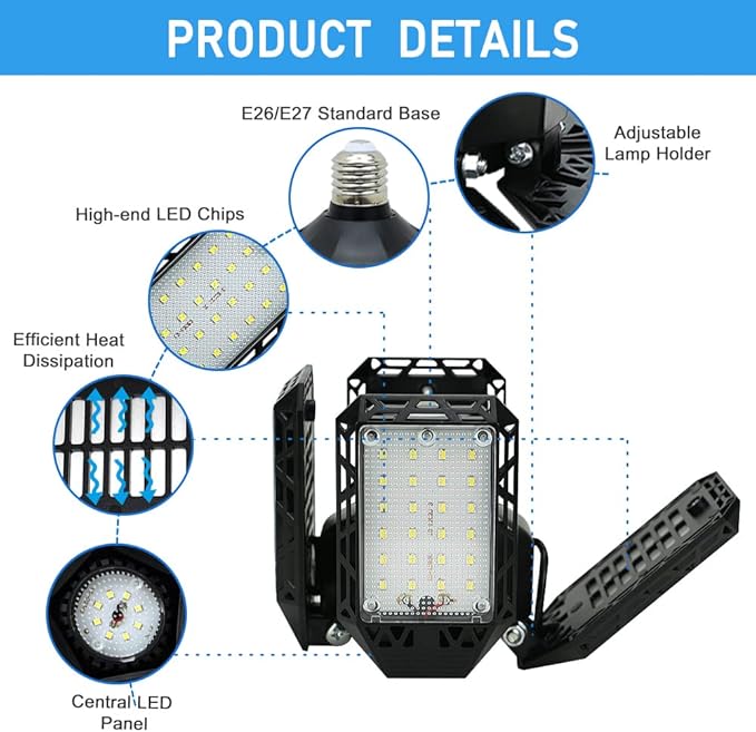 4-Pack LED Garage Light, 150W Deformable LED Ceiling Lights, 15000LM Garage Lighting with 4 Adjustable Panels, E26/E27 Shop Lights for Basement, Workshop, Attic