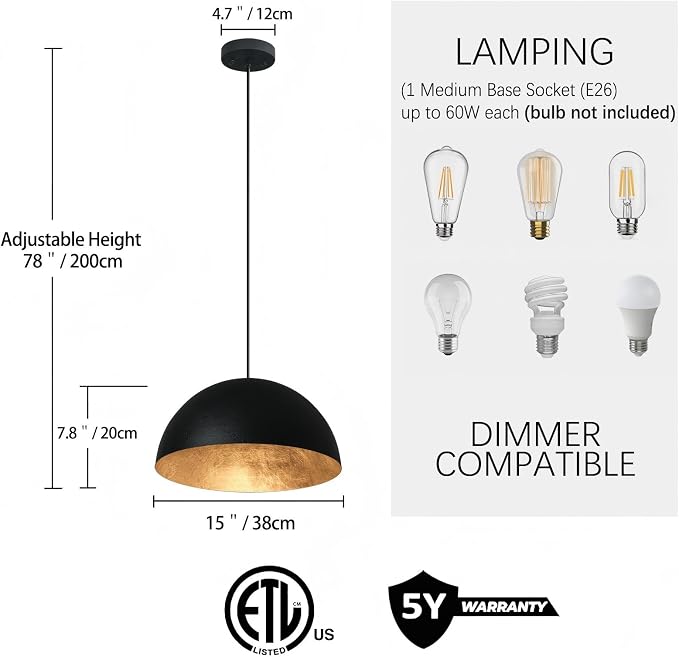 15 Inch Black and Gold Leaf Pendant Light, Grainy Matte Black Dome Chandelier with Hand-Applied Gold Leaf Interior, E26 Socket for Kitchen Island, Dining Room, or Bar