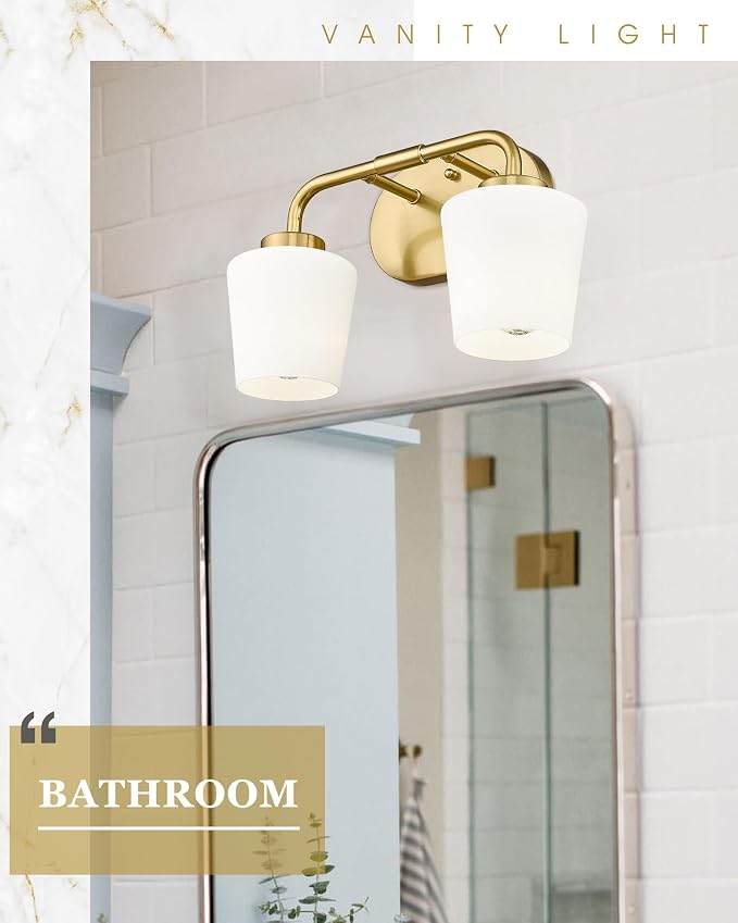 Brushed Gold Bathroom Vanity Light, Farmhouse Brass Sconces Wall Lighting with Milk White Glass, Champagne Bronze Light Fixture Over Mirror, AD-22004-2W-GD