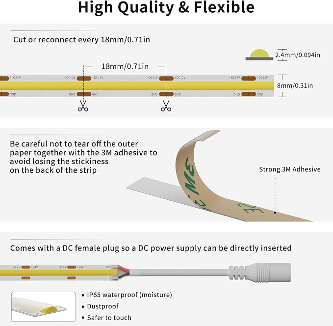 PAUTIX COB LED Strip Natural White 4000K IP65 DC12V,18Ft/5.5M 2772LEDs CRI90+ Flexible LED Tape Lights for Cabinet Engineering Home DIY Lighting Project with 8mm Connector(Power Supply Not Included)