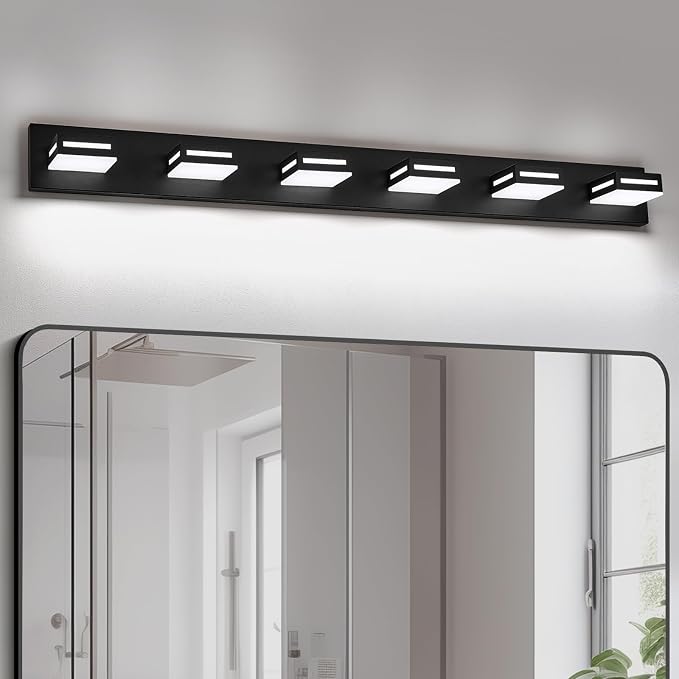 LED Modern Bathroom Light Fixtures, 6-Light 48-Inch Matte Black Vanity Lights for Bathroom Lighting Fixtures Over Mirror, 6000K Cool White 350° Rotatable Wall Lamp