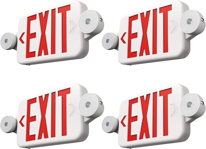 FREELICHT 4 Pack Red Exit Sign with Emergency Lights, Two LED Adjustable Head Emergency Light with Battery, Hard Wired, Exit Sign for Business