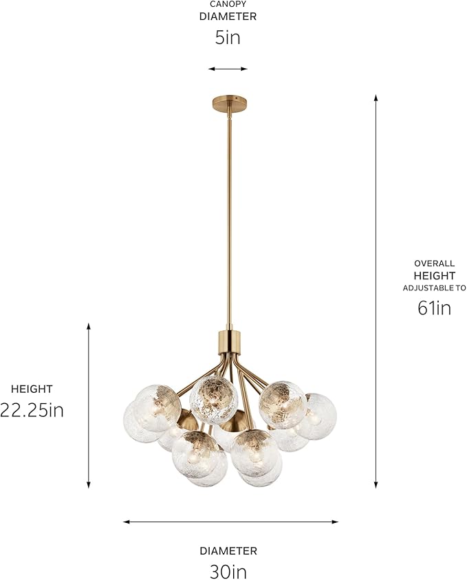 Kichler Silvarious 12-Light Convertible Chandelier, Soft Modern Light with Clear Crackled Glass in Champagne Bronze, for Dining Room, Living Room, Bedroom or Foyer (22.25" x 30"), 52701CPZ