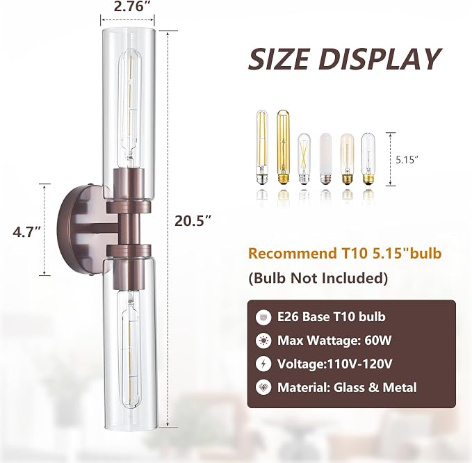 Lanhall 2 Light Bathroom Wall Sconces Set of 2,Modern Farmhouse Bronze Bathroom Light Fixture Over Mirror with Clear Glass Shade,Bathroom Vanity Light for Hallway Cabinet Bedroom Stairway Porch